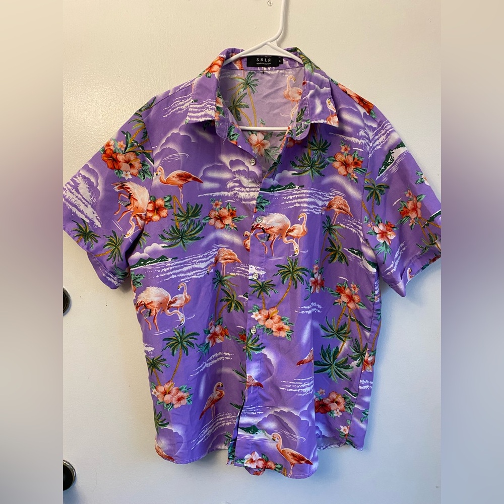 Casual Purple and Green Button Down Shirt with Tropical Design